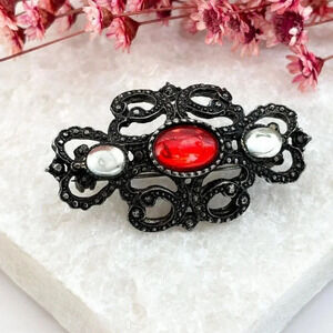 Dark Antique Victorian Vintage Silver T Ruby Red Jelly Belly Statement Brooch